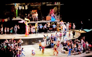 Franco Zeffirelli's Pagliacci, Conducted by Plácido Domingo, performed at the Dorothy Chandler Pavilion by LA Opera, Stephen Hues Stilt Performer and Clown, Los Angeles, California, 2015.