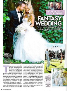 Aaron Paul's wedding in People Magazine with Stilt Circus, male Stilt Performer Richard Dalton's costume is designed by Stephen Hues.