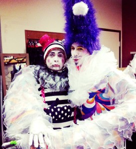 Costumes by Stephen Hues, Chico Burner and Stephen Hues backstage with Stilt Circus.