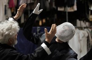 LA Opera, Director & Designer of Ring Cycle, Achim Freyer, (left) gives instruction to Stephen Hues (right) for Gotterdammerung, the next opera of the Ring series, at the Los Angeles Opera Costume Shop, Getty Image.