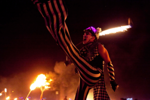 Burning Man Sacred Circle, Stilt Stephen Hues, Pois in the Hood, BRC, Nevada, 2011.